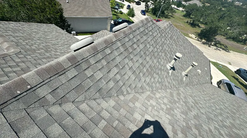 Overhead view of the completed shingle system on a Central Texas home