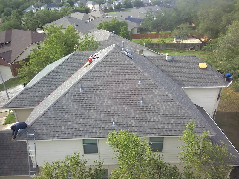 Aerial overview of a completed roof replacement in Central Texas