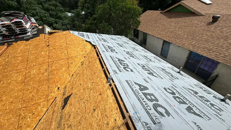 ABC Pro Guard 20 synthetic underlayment over fresh decking on a Central Texas roof