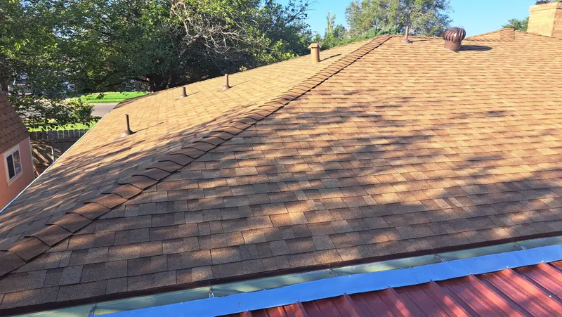 Completed ridge line on a Central Texas roof replacement