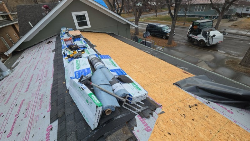 Roofing materials staged on a Havre, MT roof prep