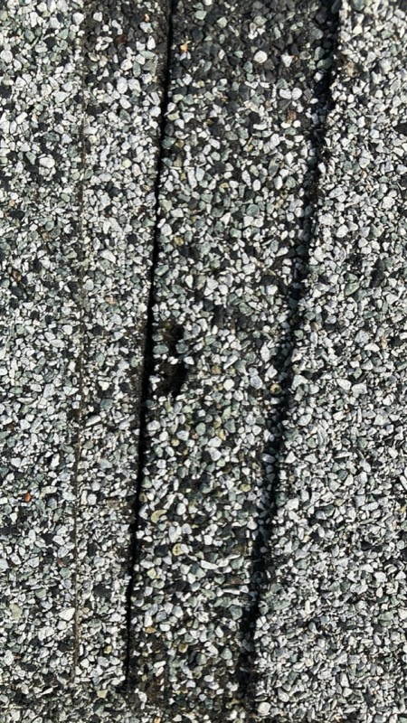 Close-up of hail damage on asphalt shingles in Havre, MT